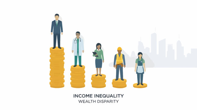 Diverse Professions on Stacked Coins Illustrating Income Inequality and Wealth Disparity, Flat Design Vector Graphic with City Skyline Background