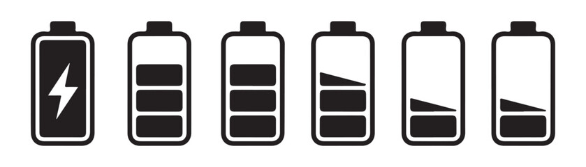Black battery charge status icons displaying various energy levels and charging flash sign vector. © Mukti