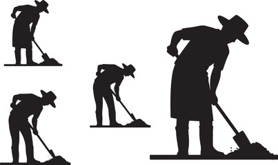 Farmer digging soil with shovel silhouettes isolated on transparent background vector illustration. © Sheplob