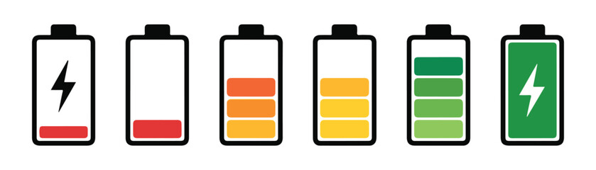 Battery charge indicator icons set. discharge, low, middle, high, and full power signs. © Mukti