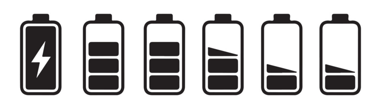 Black battery charge status icons displaying various energy levels and charging flash sign vector.
