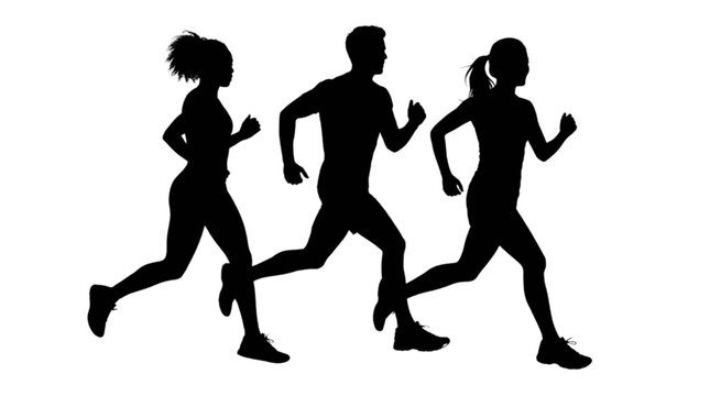 Three runners jogging together in a relaxed and friendly group isolated on transparent background, Vector