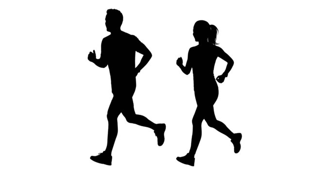 Silhouette of man and woman running together outdoors isolated on transparent background, Vector