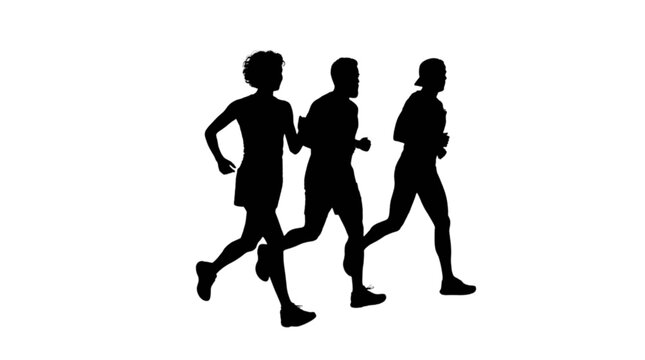 Three runners jogging together in a relaxed pace isolated on transparent background, Vector