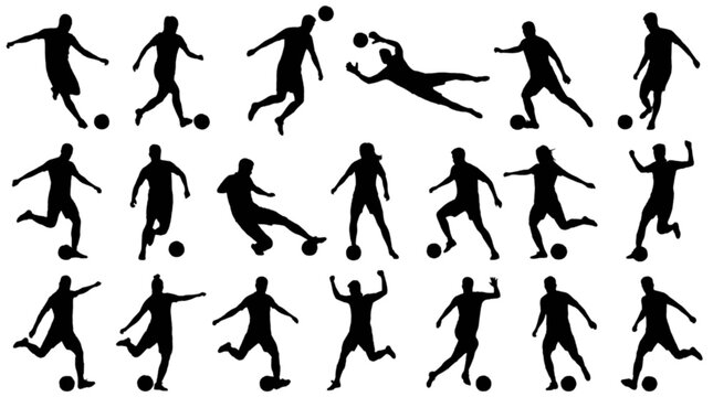 Soccer players in dynamic action poses with ball isolated on transparent background, Vector