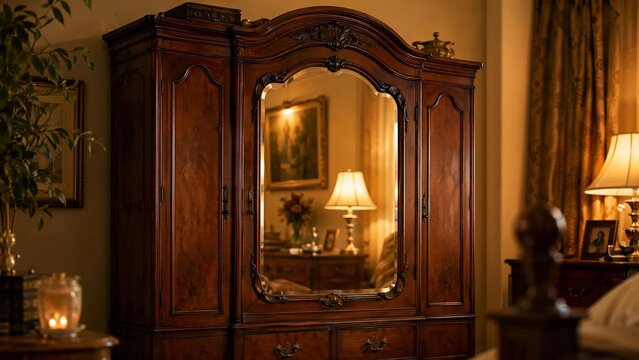 Vintage wooden armoire with ornate mirror, polished surface in warm golden light.