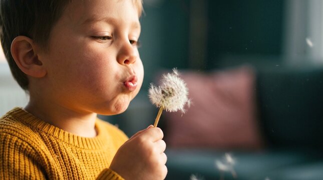 a young boy blowing on a dandelion