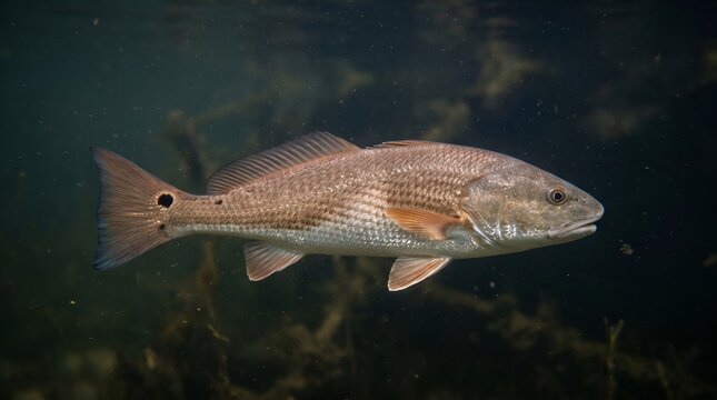 Red drum fish swimming in dark murky underwater environment.