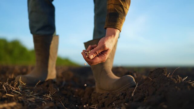 Agronomist planting soya seeds. Close-up of agronomist hand sowing soya seeds in green field. Sustainable soya farming by agronomist. Green agriculture practices. Agronomist nurturing green crops.