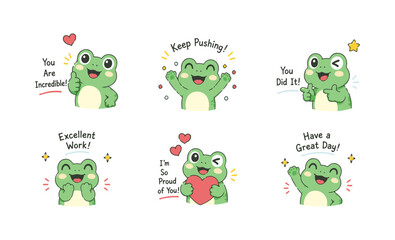 Obraz premium Cute Frog Motivation Sticker Set with Positive Encouragement Messages and Cheerful Expressions. Adorable Frog Character Collection for Success Support Inspiration and Celebration