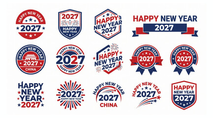 Happy new year 2027 collection of various holiday emblems and festive badges with star motifs celebration greeting fireworks seasonal collection invitation ornament typography © Shaon
