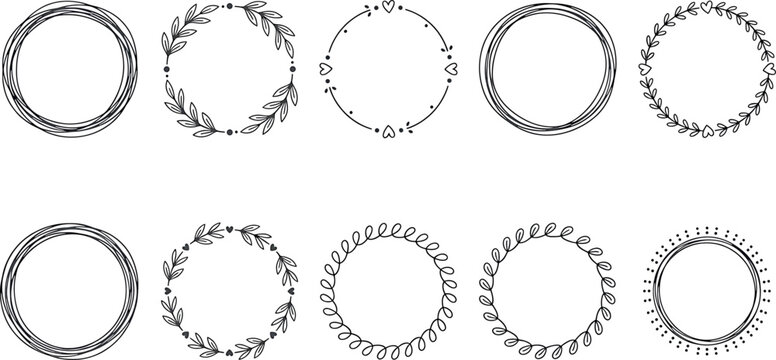 Set of hand drawn circular frames, doodle wreaths, floral and decorative borders for invitations and cards