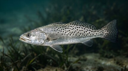 Fototapeta premium Spotted Sea Trout swimming underwater in a marine environment.