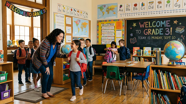 Teacher Welcoming Students in Classroom with Happy Atmosphere and Bright Lighting