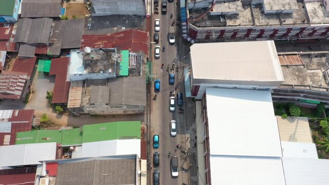 Aerial footage of Sattahip district located in Chomburi province.