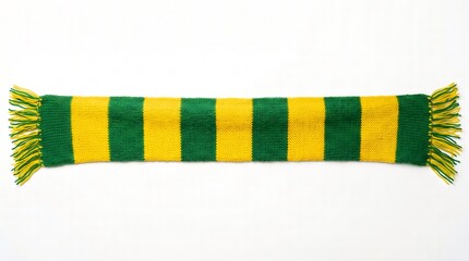 A colorful striped scarf with green and yellow hues lies on a plain surface.