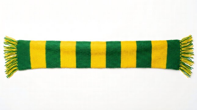 A colorful striped scarf with green and yellow hues lies on a plain surface.