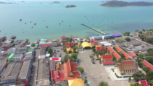 Aerial footage of Sattahip district located in Chomburi province.