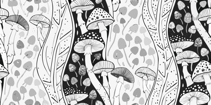 Mushroom Pattern A Black And White Vector Illustration