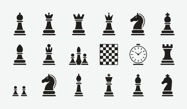 Chess Game Strategy Icon Set Featuring Royal Pieces and Board Symbols in Flat Minimal Style