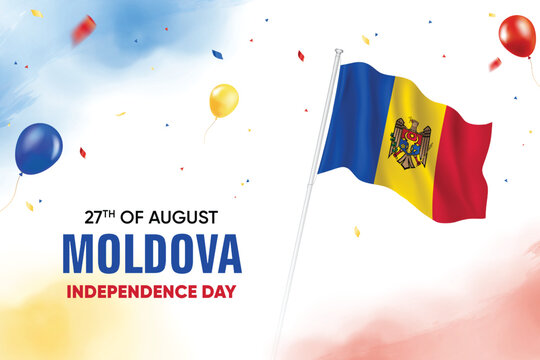 Moldova Independence Day. Moldova Flag Waving With Floating Balloons On Watercolor Grunge Backgorund Design Vector Illustration.