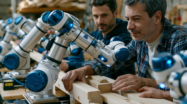 Two collaborative robots and three assembly workers sharing a small manufacturing table in a family-owned furniture workshop, safety sensors pausing robot motion as a worker reaches across to adjust