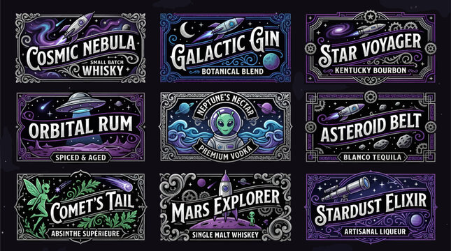Collection of Vintage Space-Themed Liquor Labels in Flat Vector Style, Featuring Rockets, Aliens, Planets, and Nebulas, with Ornate Borders and Retro Typography