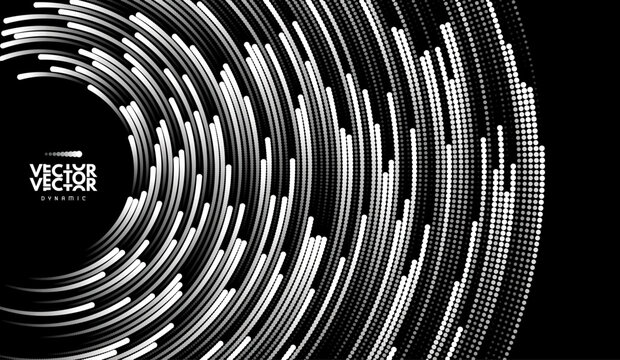 Bright light trails swirl. Dynamic motion. Big data. Particle flow. Science and technology. Concentric circle. Glow and color transition effects. Vector for brochure, poster, cover, presentation.