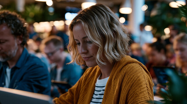 Beta testing feedback session conducted in crowd scene at public library, startup UX team observing twelve simultaneous user test participants on tablets, behavioral observation notes being taken, r