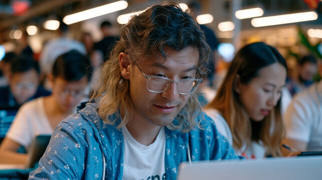 Beta testing feedback session conducted in crowd scene at public library, startup UX team observing twelve simultaneous user test participants on tablets, behavioral observation notes being taken, r