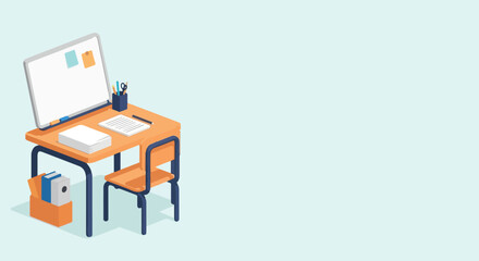 Fototapeta premium An isometric illustration shows an organized student desk with a whiteboard, paper stack, and office supplies against a clean background.