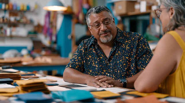 Bootstrapped founder bartering services with local print shop owner to produce first batch of branded packaging, negotiation happening at workshop counter surrounded by material samples, scrappy res