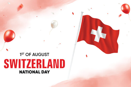 Switzerland National Day. Switzerland Flag Waving With Floating Balloons On Watercolor Grunge Backgorund Design Vector Illustration.