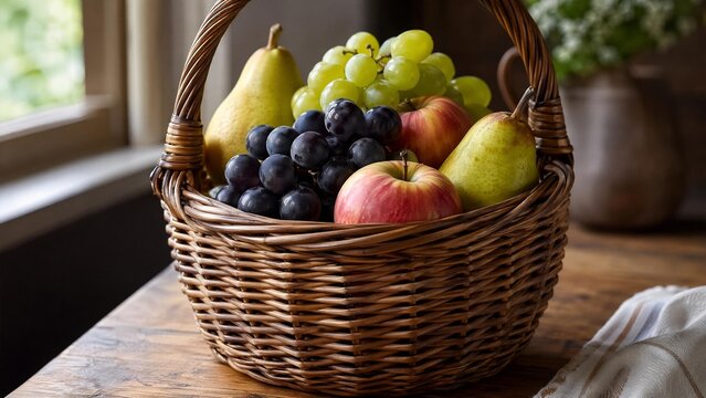 A tightly woven osier basket filled with fresh fruits, natural texture of willow.