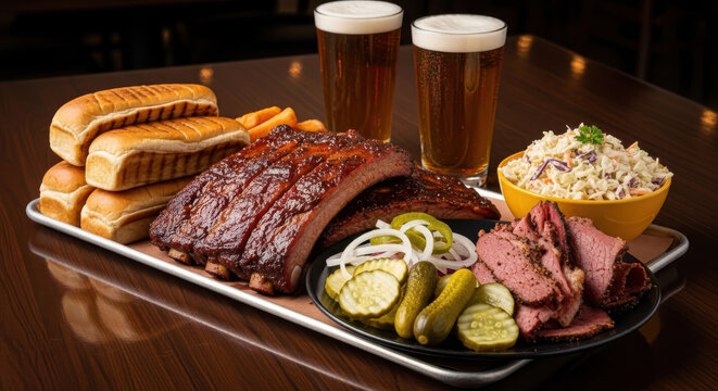 A close-up view of a delicious BBQ platter featuring slow-cooked ribs, sliced corned beef, pickles, coleslaw, and toasted buns, accompanied by two glasses of frothy beer on a dark wooden table.
