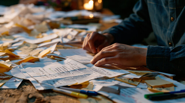 Customer discovery research aftermath spread across rural farmhouse table rented for team offsite, printed interview transcripts coded with highlighters, affinity mapping exercise mid process, found