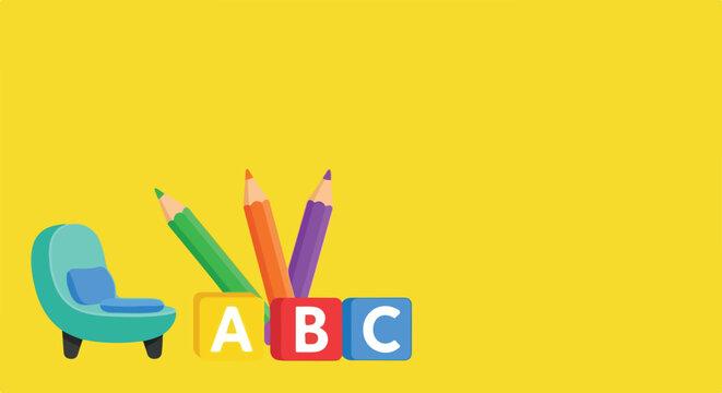 A bright yellow background features a cute teal chair, three colorful pencils, and alphabet blocks spelling out ABC for a playful educational theme.