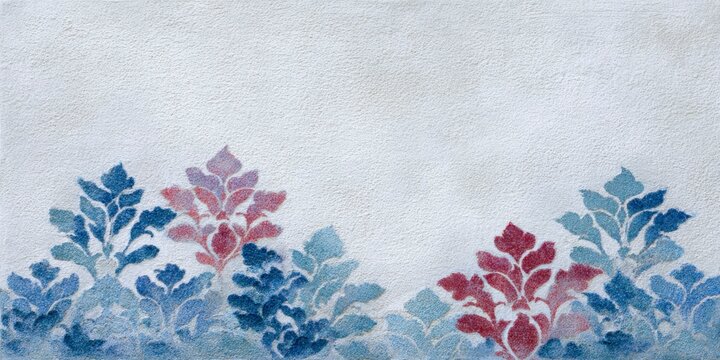 a vintage damask pattern with distressed edges, in shades of blue and red on an aged paper background.