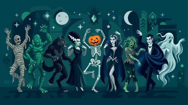 Classic Horror Monsters Dancing in Flat Design Style, Mummy, Creature, Werewolf, Bride, Pumpkin Skeleton, Vampire, Zombie and Ghost, Halloween Party Scene with Moon and Stars