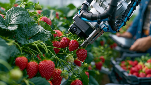 Harvesting robot arm reaching into a dense strawberry row in early morning mist, vision system camera identifying individual ripe berries as droplets cling to the fruit and a farmhand monitors the c