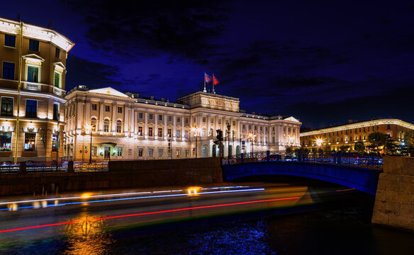 Russia, Building of Legislative assembly of St Petersburg, Isaak Square, night - Mariinsky palace