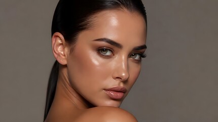 Naklejka premium Glamorous Professional Beauty Portrait of a Young Woman with Glowing Skin