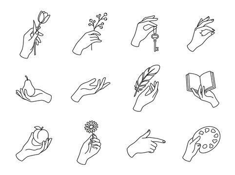 Minimalist set of hand drawn line art icons featuring various elegant gestures holding diverse everyday objects