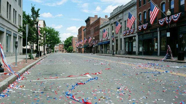 Empty city street with confetti after Independence Day parade. American flags hung on old brick buildings. Celebration cleanup in United States town, holiday theme.