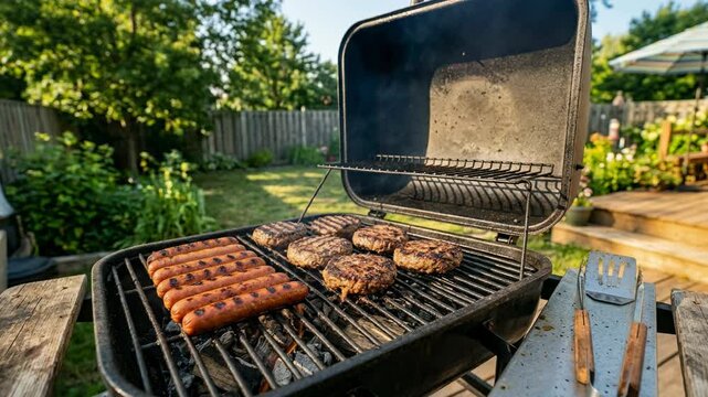 Sausages and beef patties roasting on charcoal grill in backyard. Outdoor summer cookout during Independence Day celebration. Family food preparation concept.