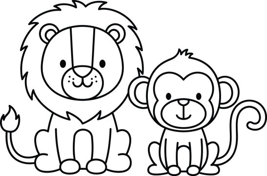 Cute lion and monkey friends cartoon coloring page