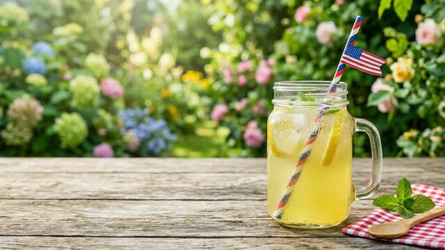 Cold lemonade in mason jar with american flag straw on wooden table. Refreshing summer citrus drink for Independence Day celebration in blooming garden outdoors.