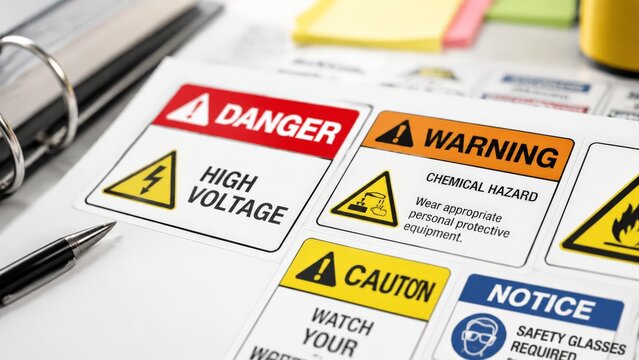 A collection of safety warning labels, including danger and chemical hazard signs, is arranged on a desk along with office supplies for safety planning