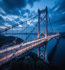 Fototapeta premium Architectural study of a suspension bridge, long exposure capturing traffic flows below, steady cables against drifting clouds.