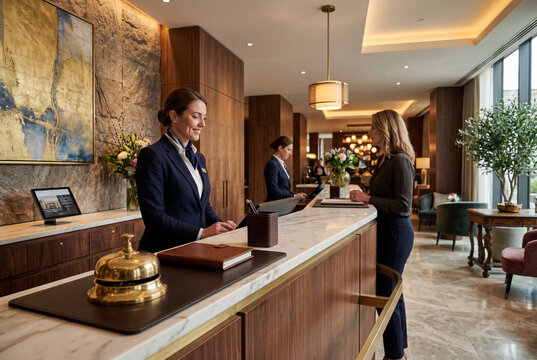 Two hotel staff members are at the reception desk helping a guest. They are in a stylish hotel lobby with plants and decorative features. It is daytime and the atmosphere is busy